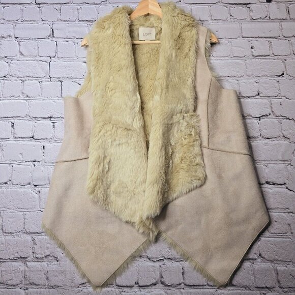 Loft Faux Leather Tan Cream Neutral Outerwear Shawl Cascade Open Vest Size M - Picture 2 of 12